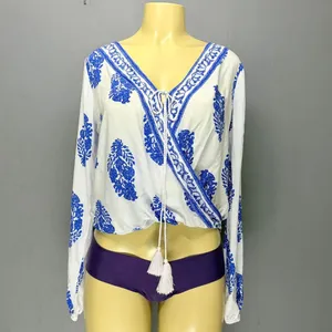 Source Unknown Blue & White Tassel Wrap Top | Long Sleeve Boho Peasant Blouse | M thumbnail 3