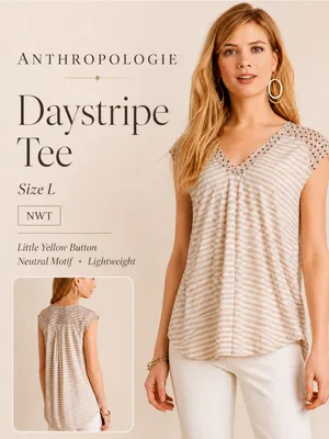Anthropologie‎ Neutral Beige & White Striped V‑Neck Tee thumbnail 2