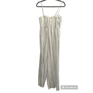 ✨MIOU MUSE sailor striped tie front jumpsuit in beige Sz Medium✨ White thumbnail 6