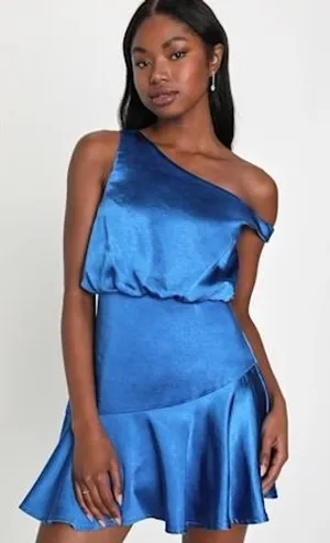 Lulus Mini Dress Womens‎ XL Royal Blue Satin One Shoulder Ruffle HD3911 Cocktail thumbnail 1