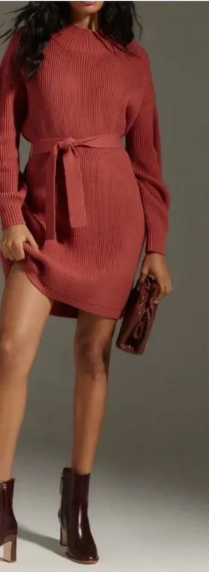 Anthropologie Maeve Size XS Mock Neck Tie Waist Sweater Mini Dress Cedar Color thumbnail 1