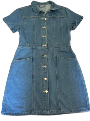 SHEIN Denim Button Front Shirt Dress Blue Short Sleeve Pockets Size L thumbnail 1