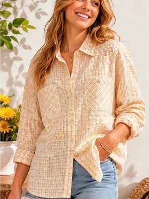 Seersucker Plaid Shirt M Lightweight Yellow Peach Oversized Japanese Button Down thumbnail 14