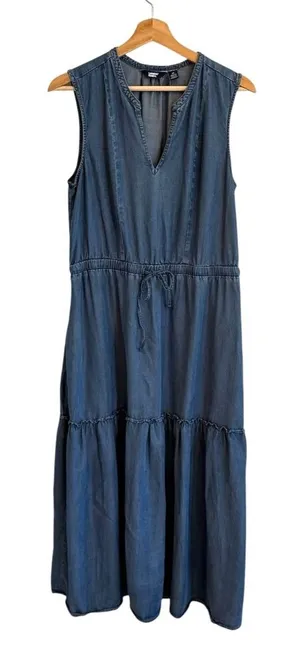 Lands End Womens Modest Tiered Denim Midi Dress Size M Western Cottage Coastal thumbnail 1