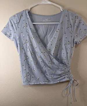 Hollister Baby Blue Floral Wrap Ruched Crop Top thumbnail 1