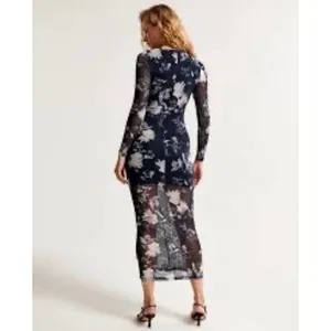 Abercrombie &‎ Fitch Navy Blue Floral Ruched Mesh Maxi Dress Large Stretch NWT thumbnail 2
