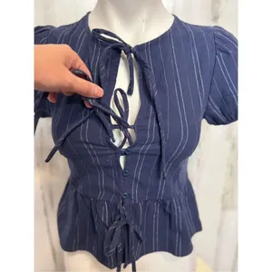 Kirious Los Angeles XS Navy Blue Pinstripe Tie-Front Peplum Top Puff Sleeve thumbnail 6