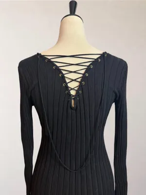 Black Lace Up Ribbed Long Sleeve Top Size L Y2K Whimsigoth Soft Goth thumbnail 6