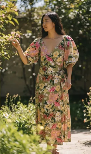 Vici Floral Puff Sleeve Wrap Midi Dress Size Small thumbnail 1