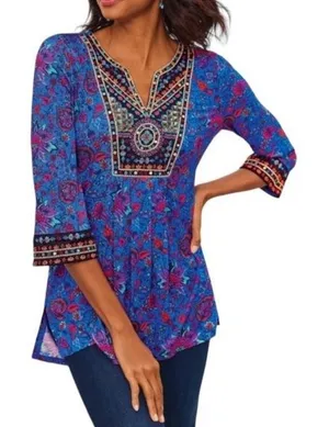 Soft Surroundings Blue Tamuri Embroidered Beaded Boho Tunic Top‎ Size M thumbnail 1