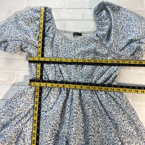 Mikarose Dress Womens Large Blue Floral Puff Sleeve Milkmaid Smocked Pockets‎ L thumbnail 3
