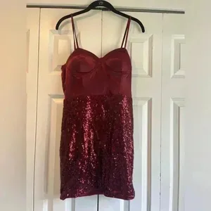 Lulus Dance in the Spotlight Burgundy Satin Sequin Bustier‎ Mini Dress Size M B25 thumbnail 6
