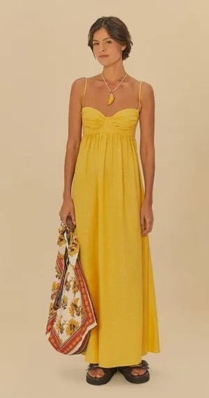 NWT Farm Rio Linen Blend Yellow Sleeveless Maxi Dress Size XS thumbnail 1