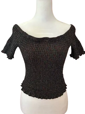 Urban Outfitters Smocked OffShoulder CropTop BLk Metallic Sparkle festival NWT M thumbnail 2