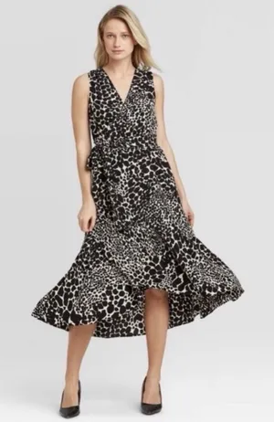 NWT Who What Wear Swirling Leopard Wrap Ruffle High Low Maxi Dress XS thumbnail 1