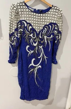 VTG Alisha Silk Beaded‎ MIDI Formal Gown Royal Blue Size L Y2K 90s thumbnail 1