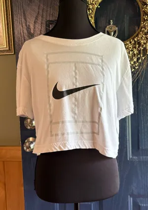 Nike White Cropped Oversized Swoosh Tee size Small thumbnail 1
