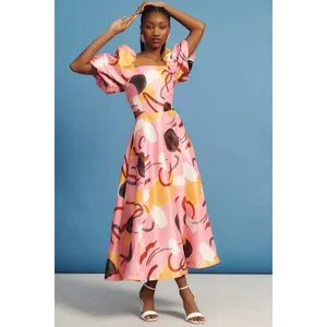 Aureta Anthropologie Studio Printed Puff Sleeve Maxi Cut Out Dress Pink Abstract thumbnail 2