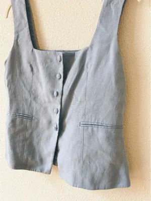 Sézane Zelinda Blouse Light Blue Linen Vest Size 38 US 6 Minimalist Coastal thumbnail 3