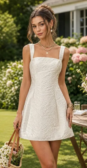 Rihoas Elegant White Jacquard Square-Neck Mini Dress thumbnail 1