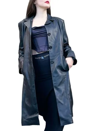 Vintage 90s Toppolino Black Soft Leather Long Duster Trench Coat Jacket M thumbnail 1