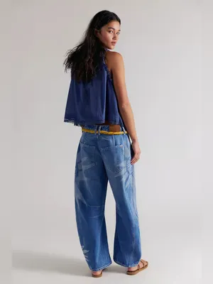 Free People We The Free Good Luck Printed Barrel Jeans in Sun Fade 27 thumbnail 8