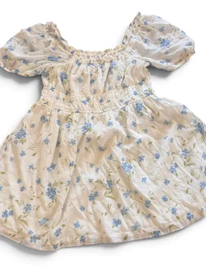 Cream Floral Puff-Sleeve BoHo flowery cottage core Dress with Blue Flowers thumbnail 5