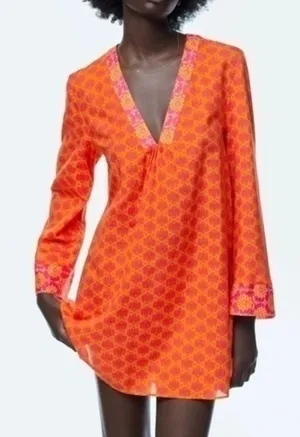 ZARA Boho Printed Tunic Beach Cover Up Mini Dress Orange Fuchsia Cotton S thumbnail 1