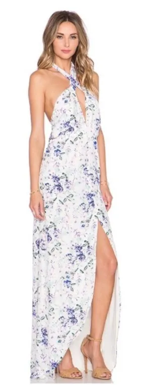 $320 Helena Quinn M Maxi Dress Mariella Slit Long Ivory Halter Floral Sundress thumbnail 1