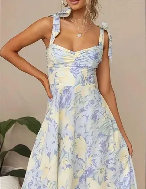 Light Yellow and Blue Floral Sundress with Tie Straps thumbnail 2