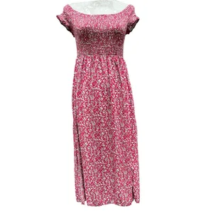 Cottagecore Boho Off Shoulder smocked Floral Maxi Dress Beach Slit Red white M/L thumbnail 2