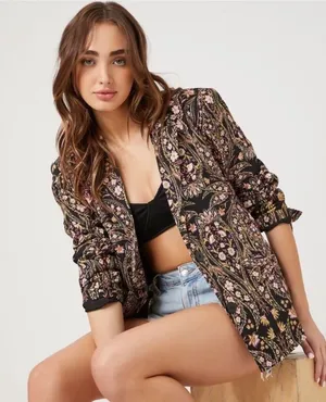 Forever 21 Womens S Chic Floral Paisley Blazer Black Pink Bloomcore Office Siren thumbnail 1