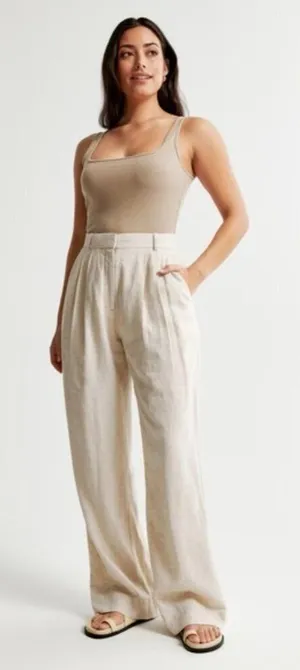 Abercrombie‎ & Fitch Women Trousers Sz M Tan Linen Pleated High Rise Wide Leg thumbnail 1