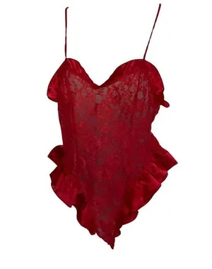 Victorias Secret Red Lace Teddy Ruffled Satin Trim Spaghetti Straps gold label thumbnail 1