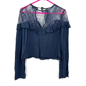 American Eagle‎ Outfitters size small crop long sleeve blouse lace upper blue thumbnail 2