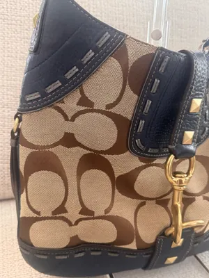 Vintage Coach Hamptons Blue Leather & Jacquard Signature Studded Hobo Shoulder bag. thumbnail 2