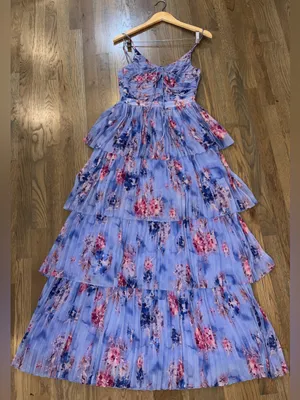 NWOT Pleated Floral Tiered Maxi Dress with Cutouts & 3D Flower Straps thumbnail 1