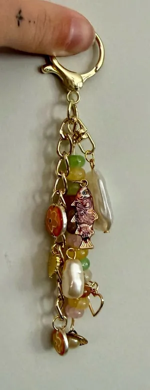 Gold-tone Beaded Charm Keychain with Faux Pearls bag charm thumbnail 1