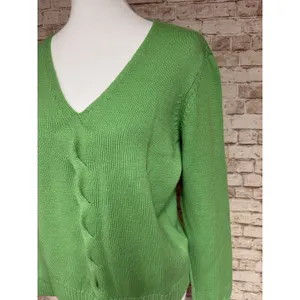 Talbots Green Wool Cashmere Cable Knit Detail V-Neck‎ Sweater Women's Size L thumbnail 3