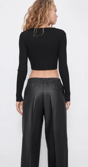Zara Black High Waisted Waxed Effect Wide Leg Pant thumbnail 3