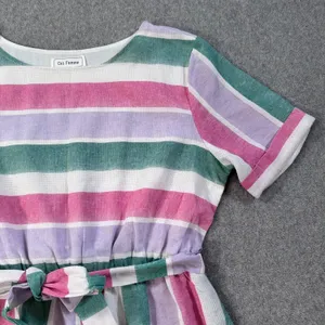 Ces Femme Striped Short Sleeve Dress Women's Large Belted Round Pink Green Purpl thumbnail 3