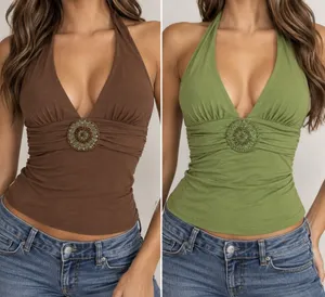 Bisou Bisou M 2pc Halter Top Bundle Y2K Beaded Brown Green thumbnail 2