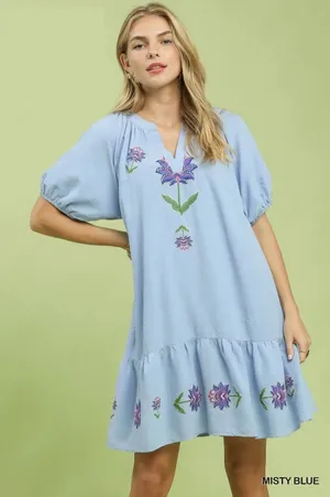 Umgee Embroidered Floral Babydoll Dress - Mistyblue‎ - Small thumbnail 1