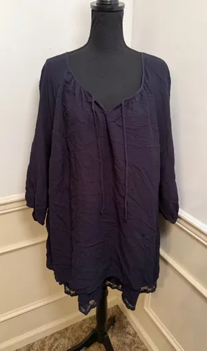 Ulla Popken Navy Blue Crinkle Viscose Tunic Top Layered Lace Hem Plus Size Boho thumbnail 1