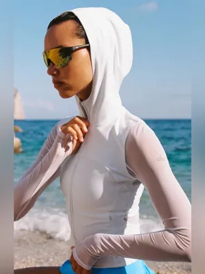 Alo Softsculpt Superset Full Zip Hoodie Jacket Sheer Sleeves & Back Detail White thumbnail 3
