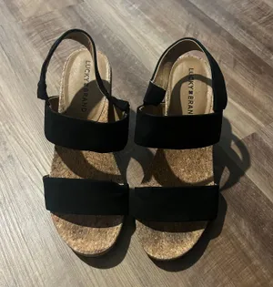 Lucky Brand Black Faux Suede and Cork Block Heel Sandals - Size 7 thumbnail 1