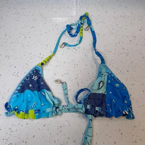 Aerie Real Good Blue Patchwork Paisley Triangle Bikini Top Cowrie Shells Small S thumbnail 1