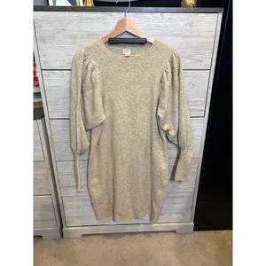 A New Day Women Oatmeal Beige Puff Sleeve Knit Sweater Dress Size M thumbnail 2
