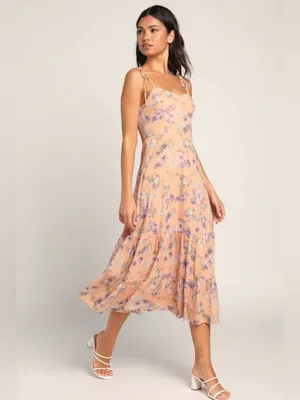 Lulus women’s Started With a Kiss Orange Floral Print Tie-Strap Tiered Dress L thumbnail 2
