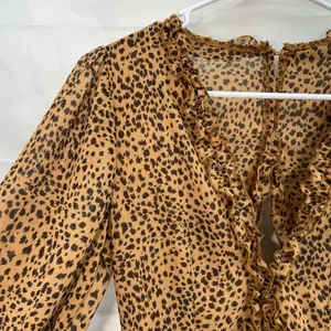 Women's brown leopard print ruffle deep v-neck flowy long‎ sleeve casual dress S thumbnail 3